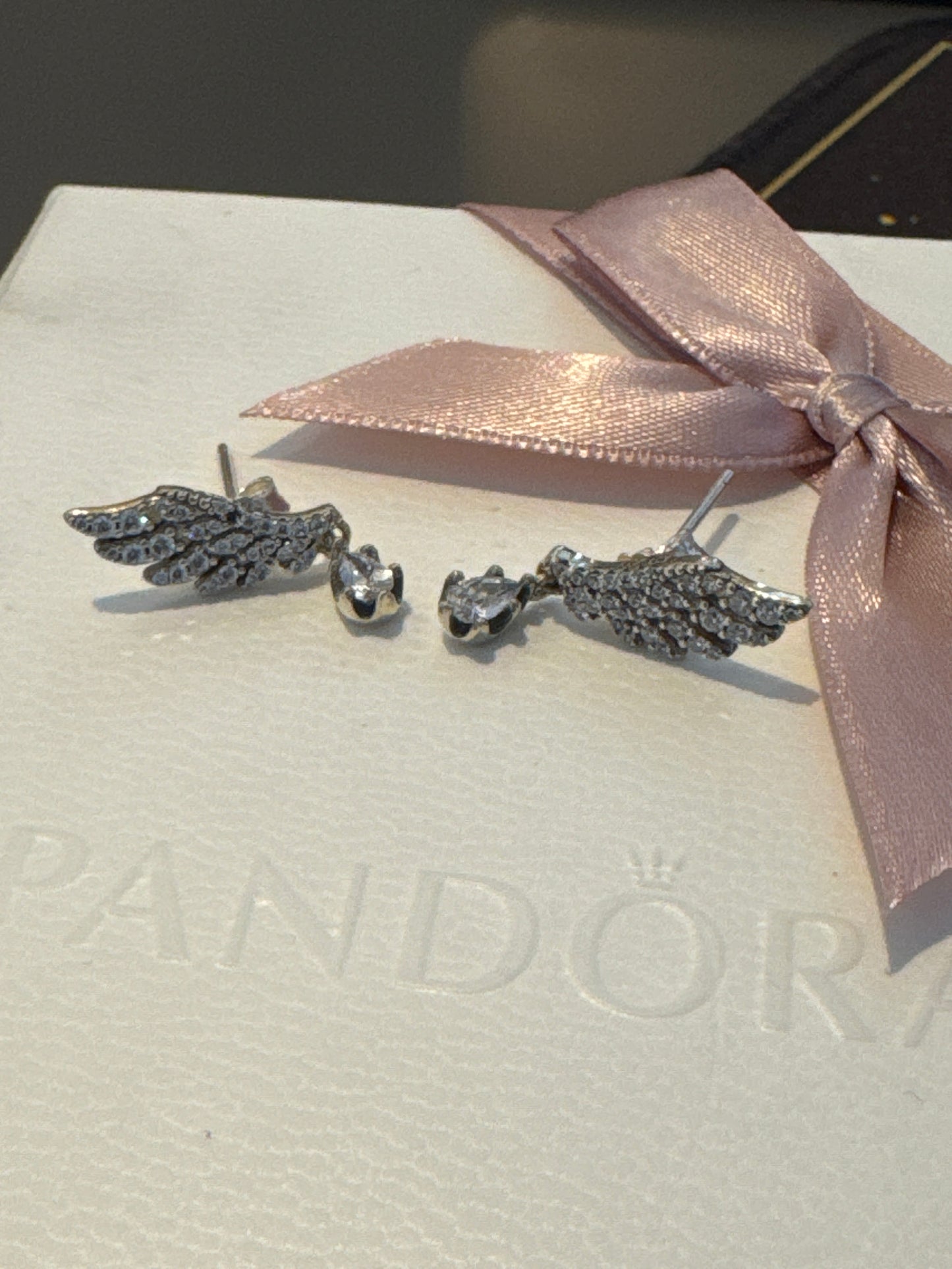 Genuine Pandora Angel Wing Feather Pave Dangle Earrings