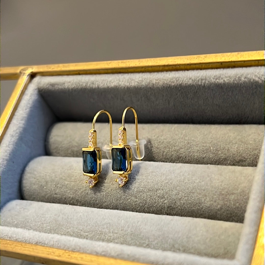 Brand New Sterling Silver Gold Plated Pave Clear & Blue Dangle Earrings