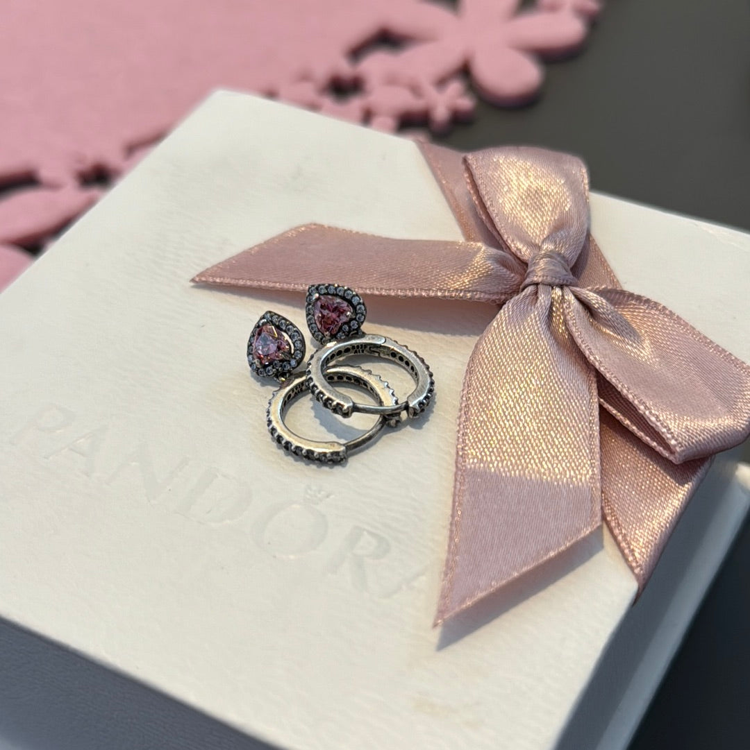 Genuine Pandora Pink CZ Heart Earrings Dangle Hoop