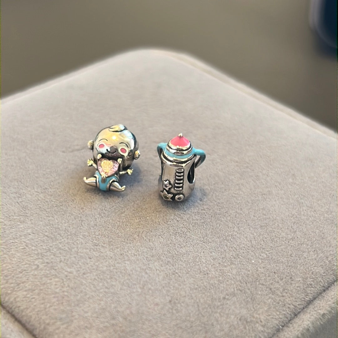 Sterling Silver Baby Boy and Bottle Enamel Charms