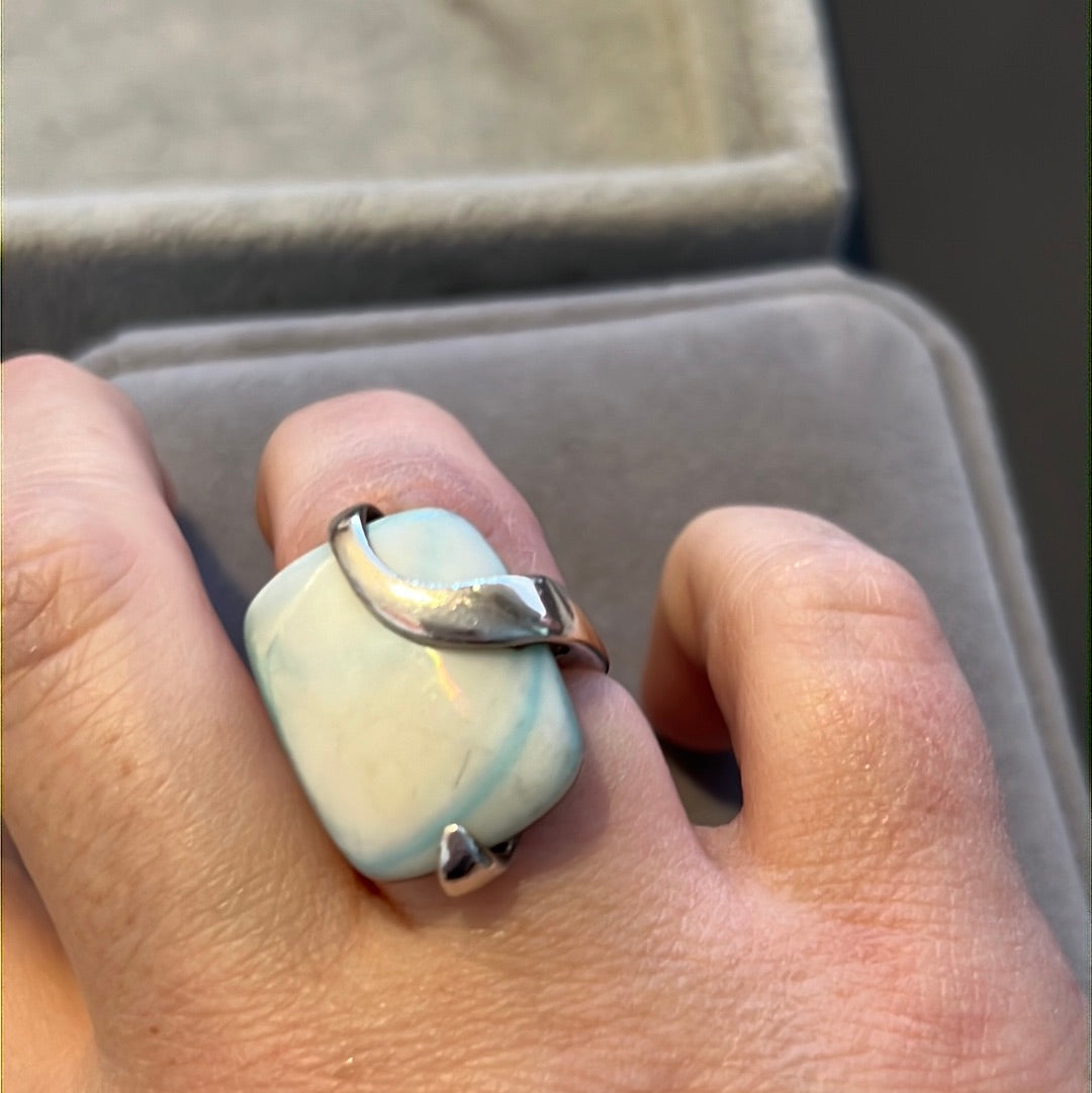 Sterling Silver White and Blue Large Oval Statement Ring 54