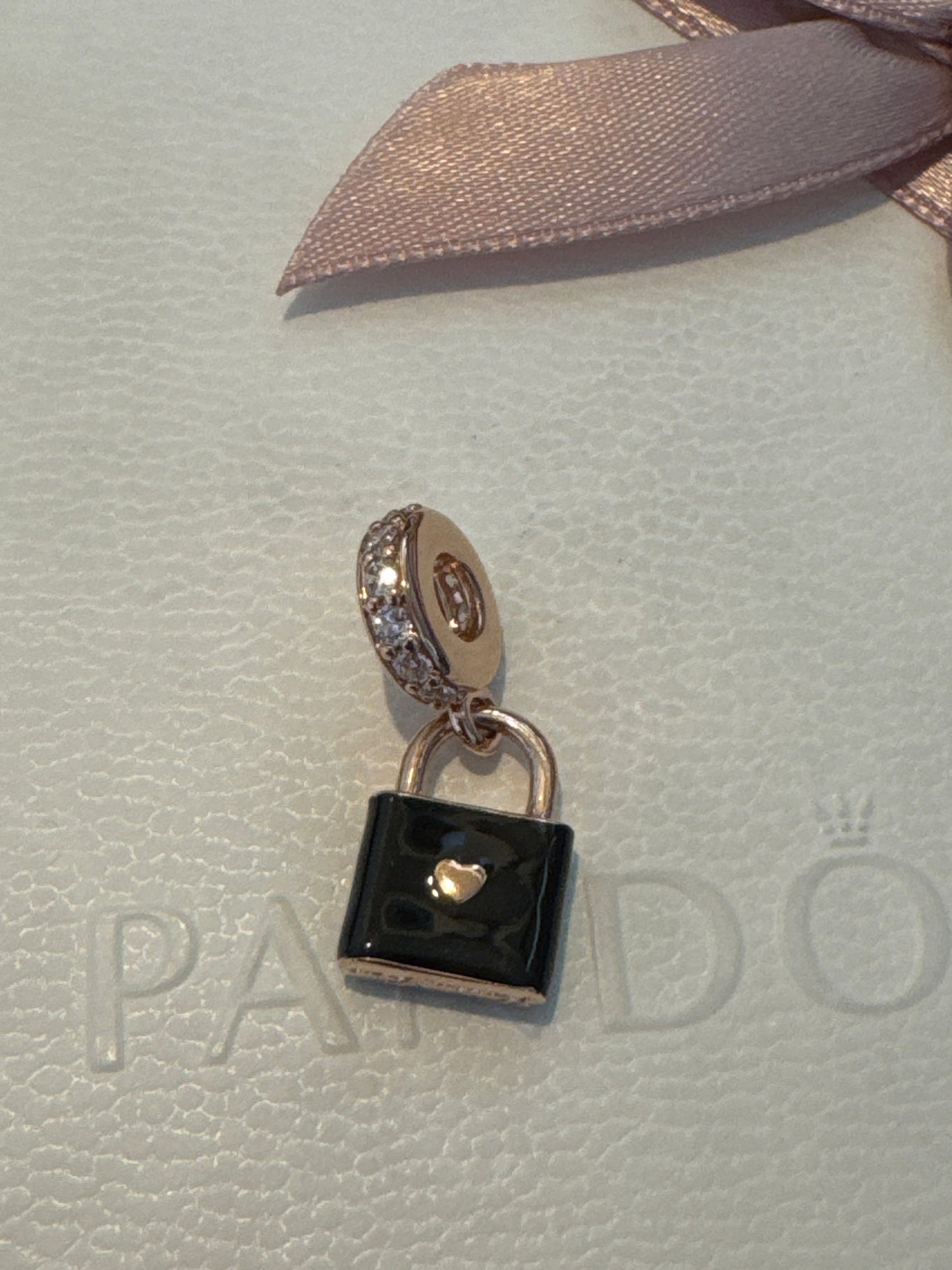Genuine Pandora Rose Gold Lock Black Enamel and Heart Dangle Charm