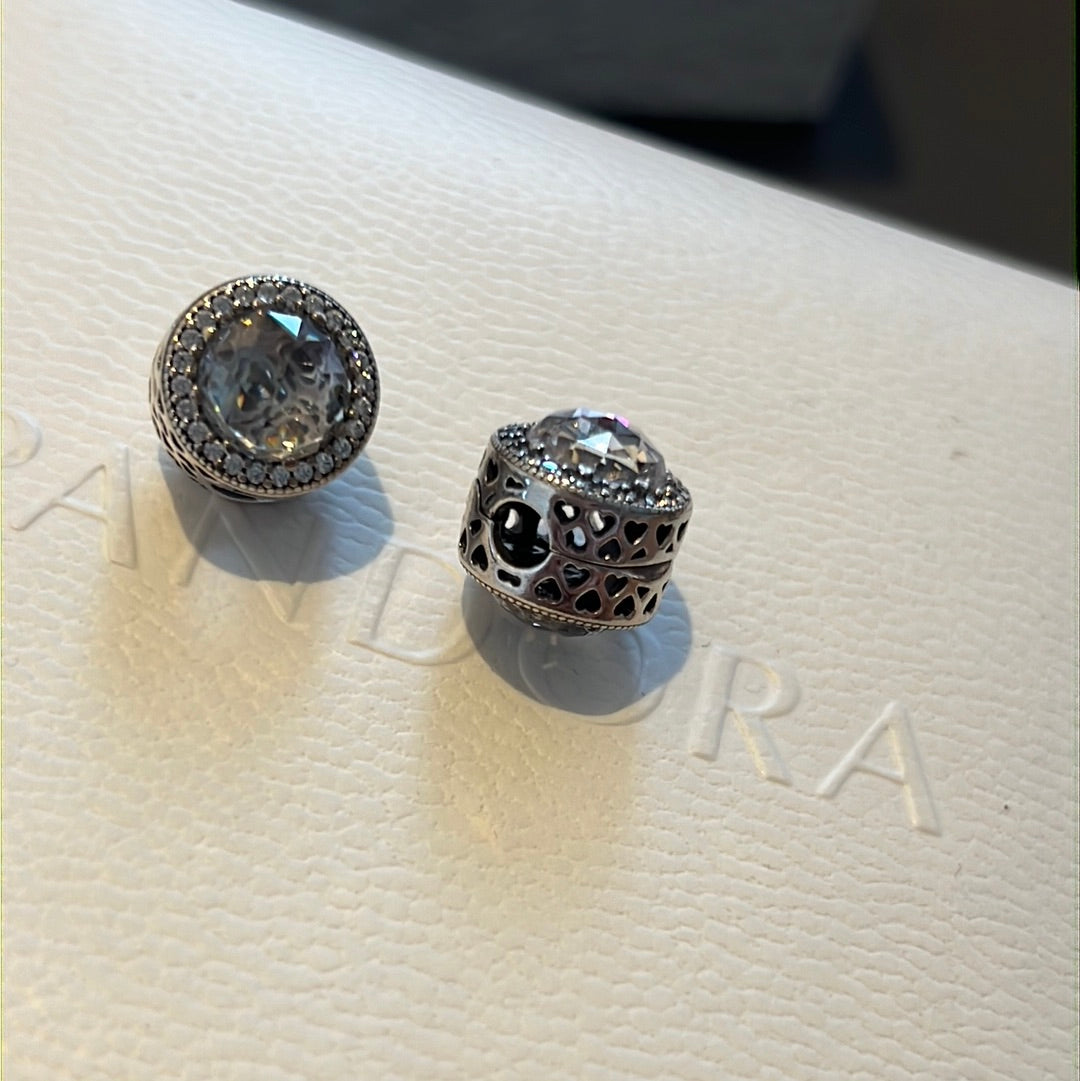 Genuine Pandora Clear Pave Radiants Hearts Pave Large Stone Charm Clip RARE HTF