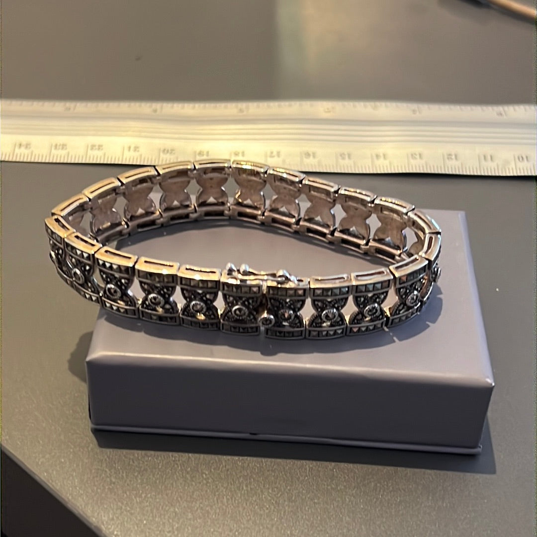 Sterling Silver Art Deco Beautiful Flat Bracelet With Marcasite Stones 19cm