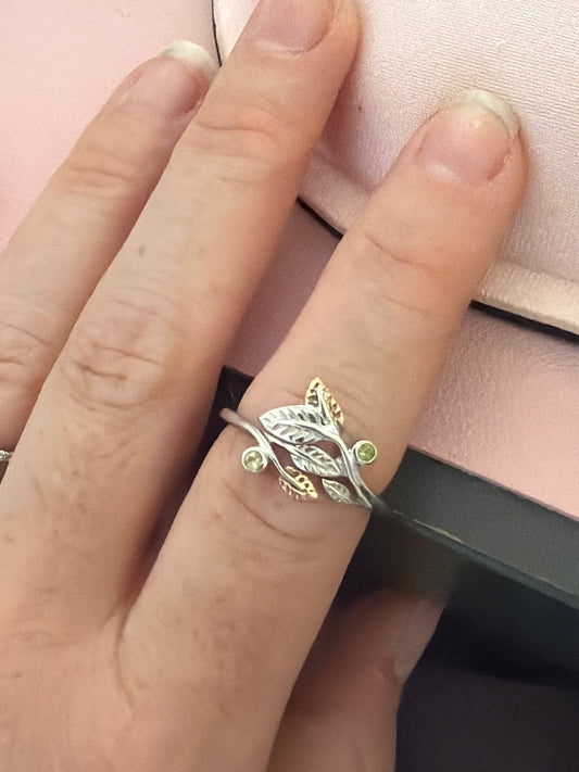 Genuine Welsh Clogau Silver & 9ct Rose Gold Peridot Leaf Laurel Ring