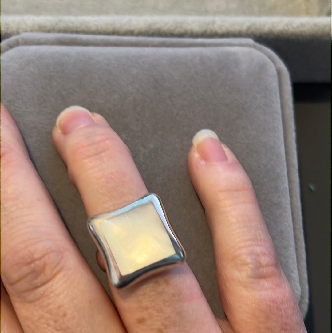 Sterling Silver Mother of Pearl Large Square CZ Cross Ring 52