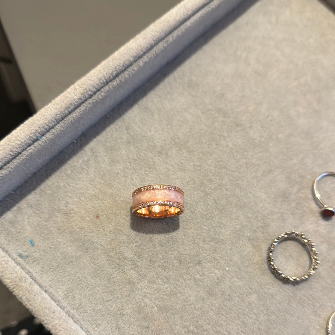 Genuine Pandora Rose Gold Huge Chunky Cream Enamel Ring Pave Triple Layer Ring in Size 58