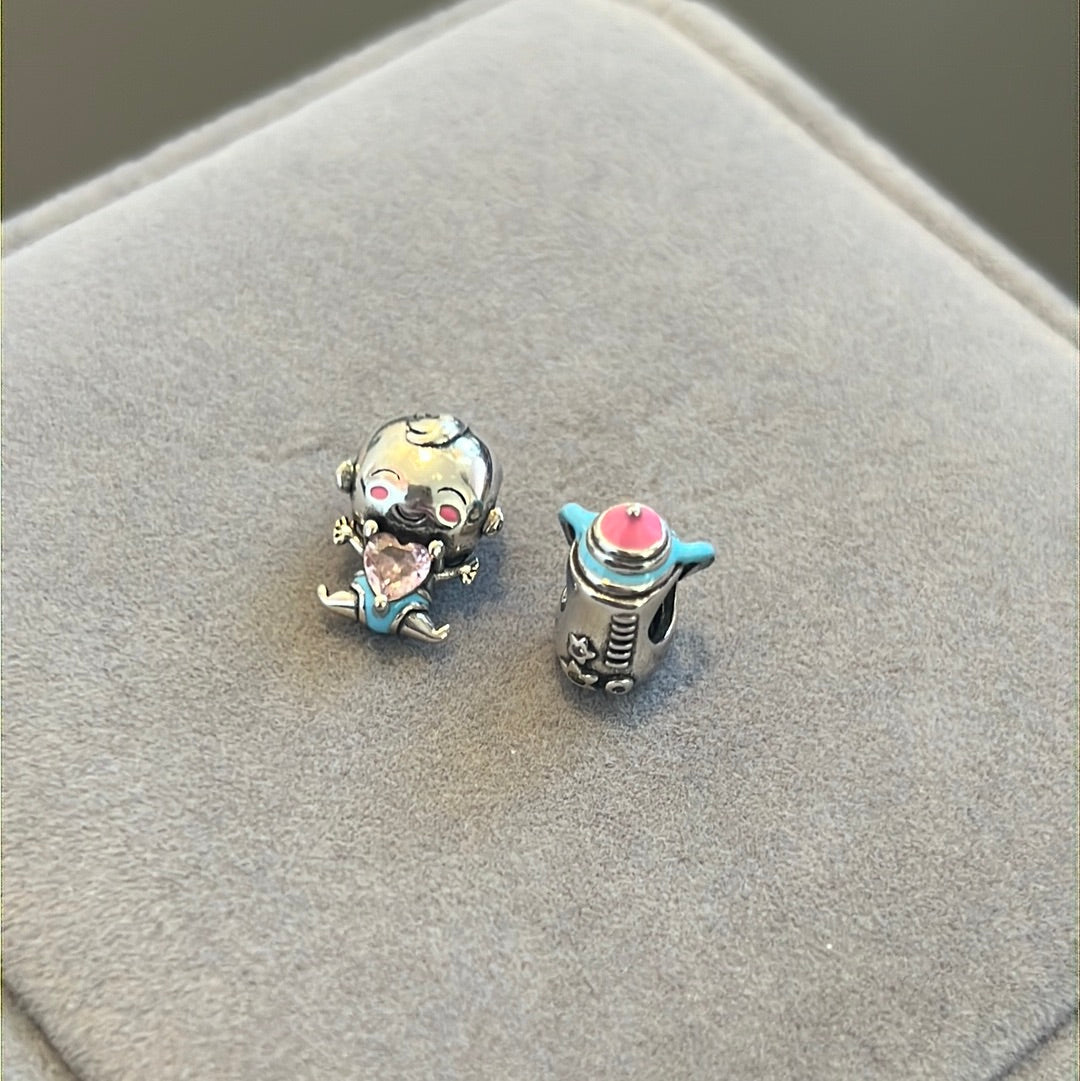 Sterling Silver Baby Boy and Bottle Enamel Charms