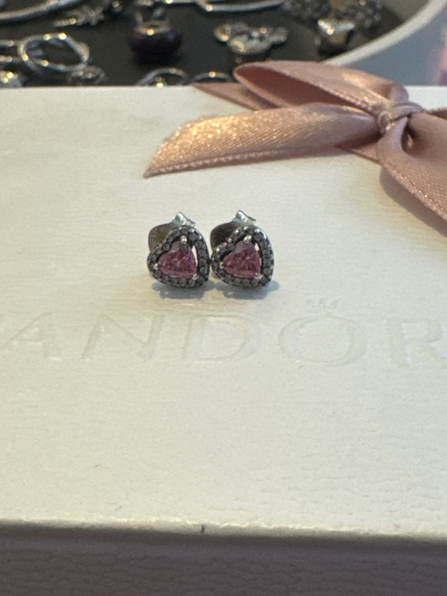 Genuine Pandora Pink CZ Elevated Heart Earrings Studs