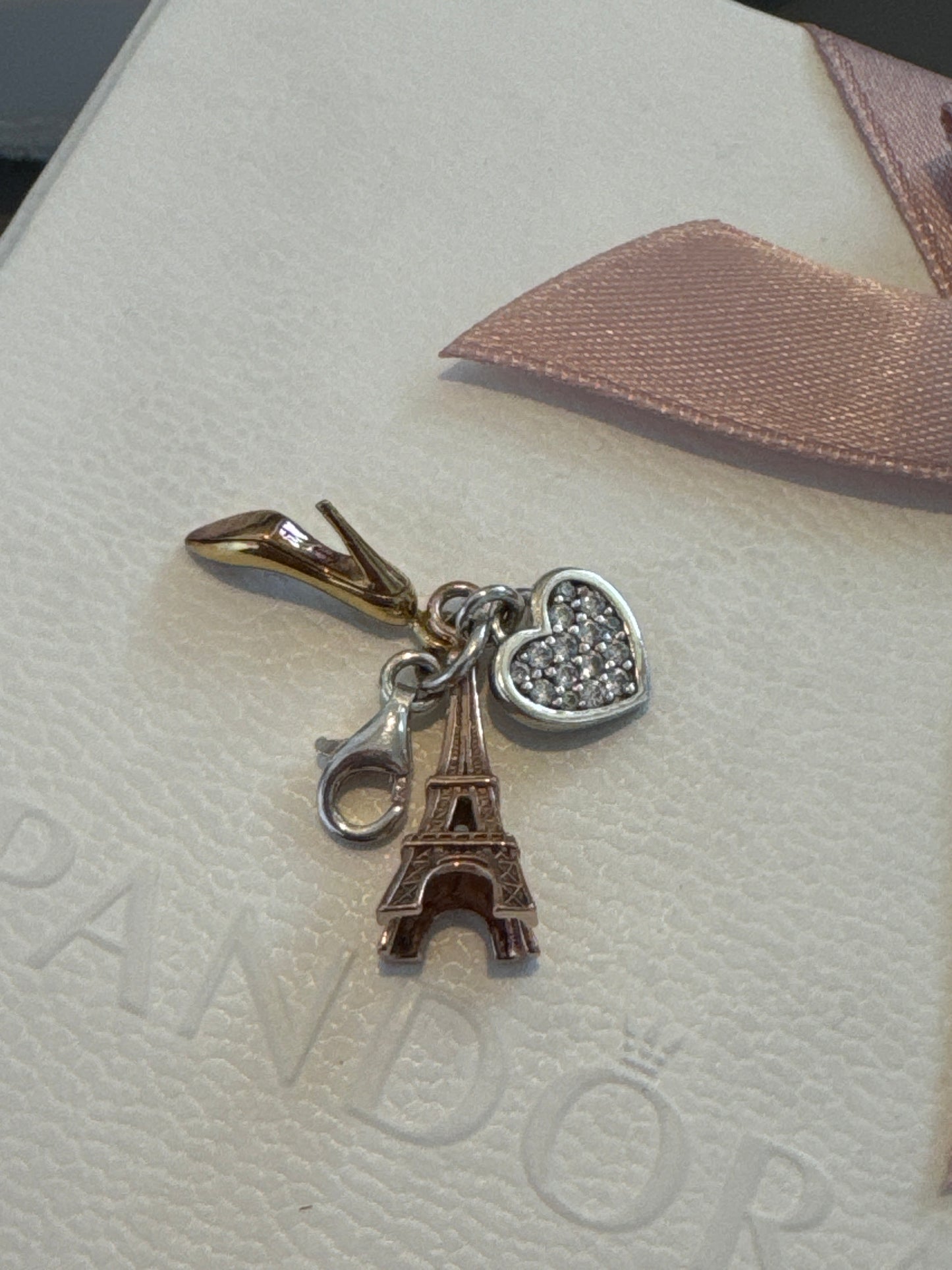 Genuine Thomas Sabo Tri Tone Pave Heart, Shoe & Eiffel Tower Paris Clip Charm