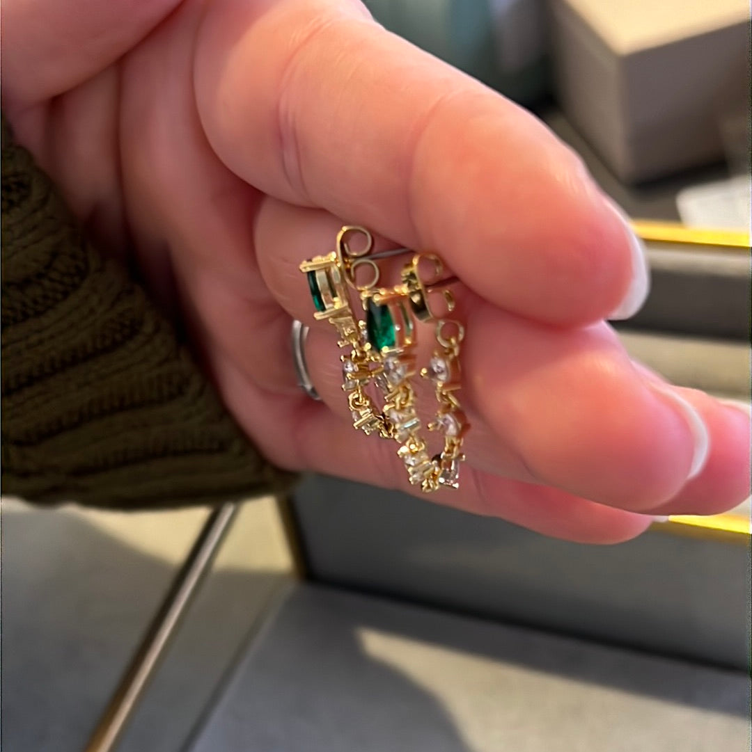 Brand New 14kt Gold Plated Green & Clear Stone Earrings Cuff