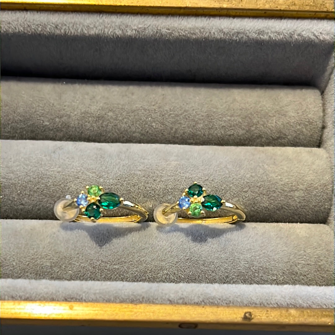 Brand New Gold Plated Green CZ Clover Hoop Earrings