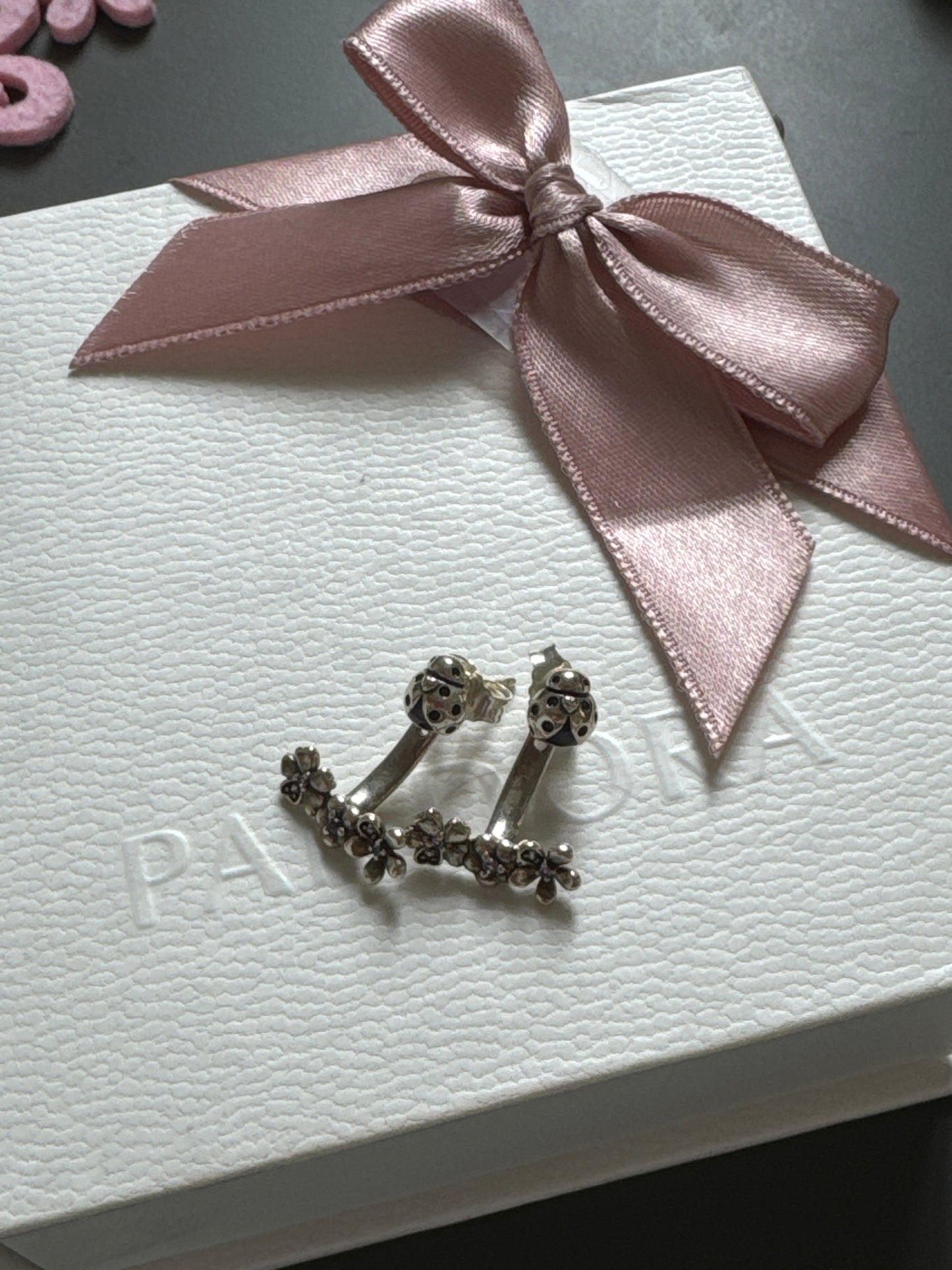 Genuine Pandora Purple Pave Enamel Daisy Ladybird Dangle Earrings