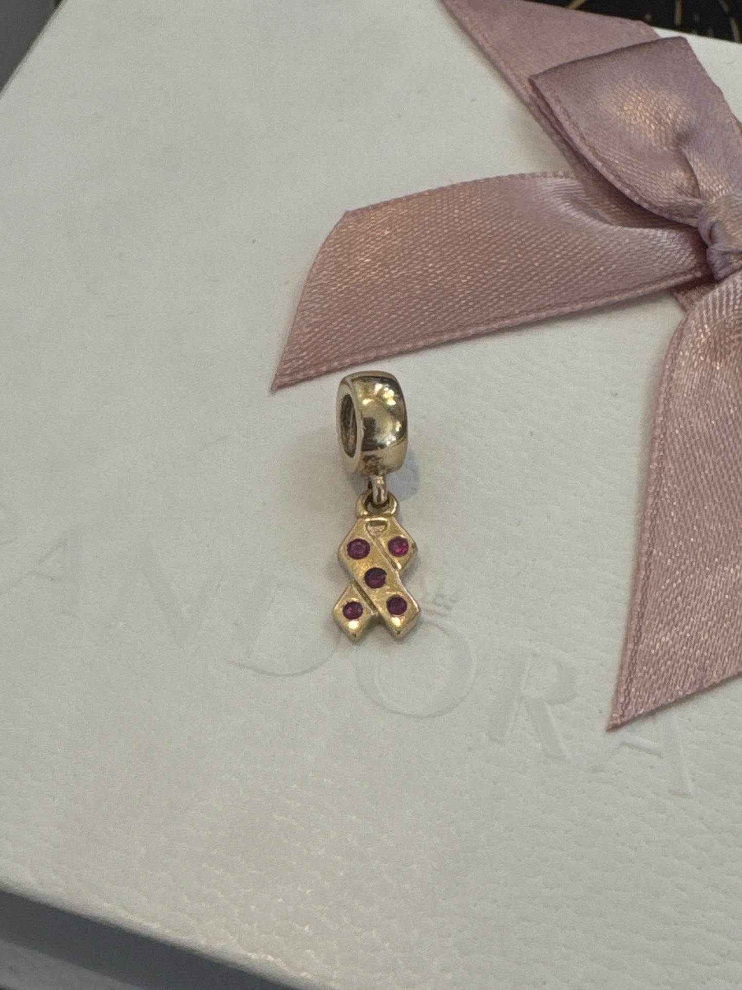 Genuine Pandora 14ct Gold & Pink Sapphire Breast Cancer Ribbon Charm