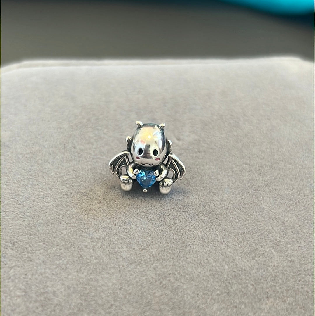 Sterling Silver Baby Dragon/ Bat Charm With Blue CZ Heart