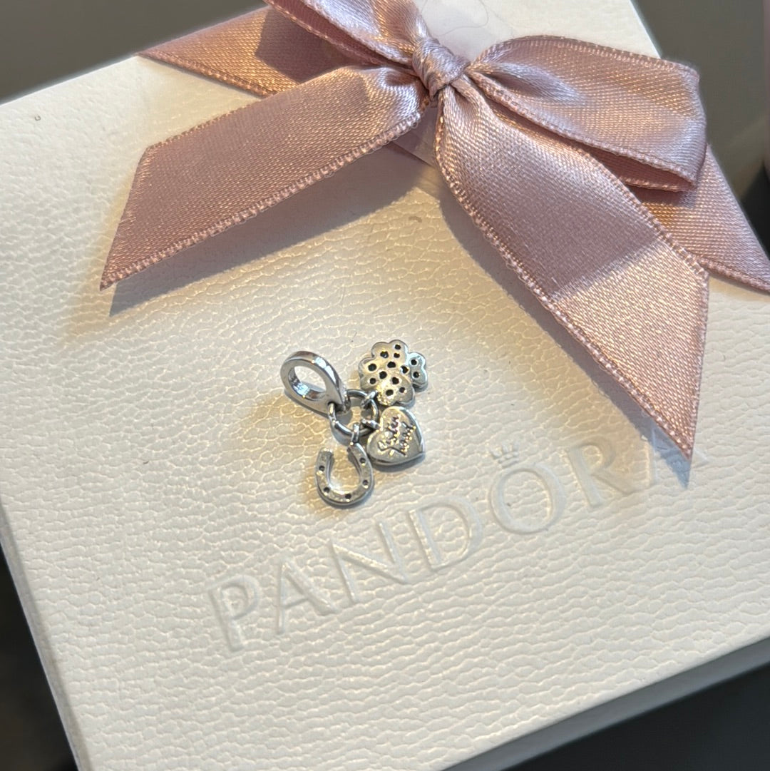 Genuine Pandora Sister Hood Lucky Charm Dangle Pearl Heart, Horseshoe and Clover Dangle Charm