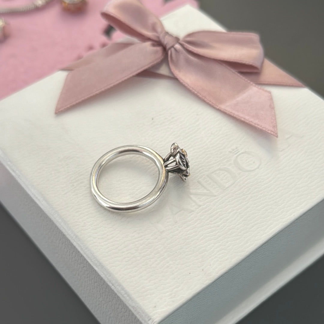 Genuine Pandora Two Tone He Loves Me Not Daisy Flower HTF Rare Ring Diamond Size 56