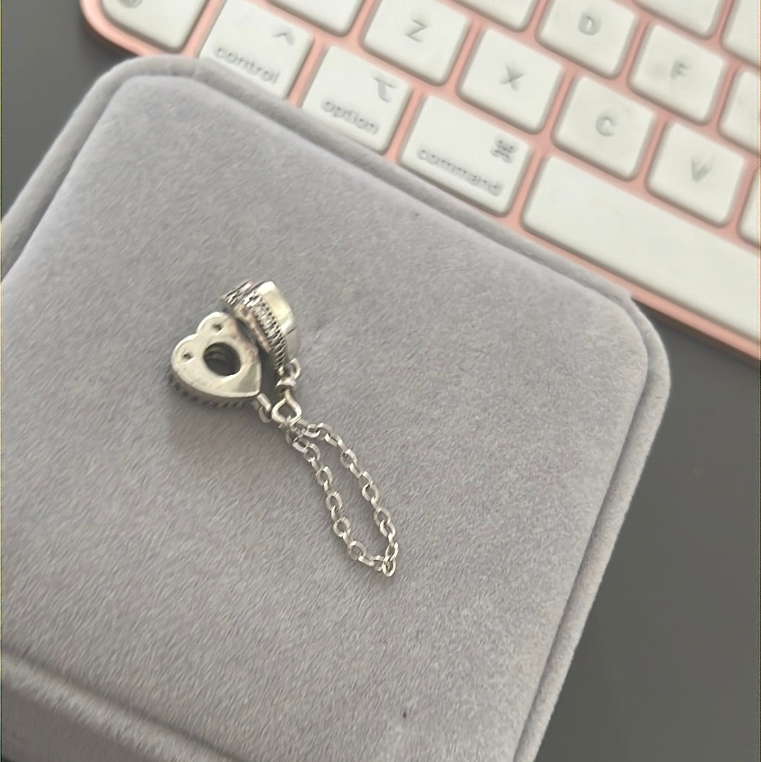 Sterling Silver Pave Heart Safety Chain Fits Moments Bracelets