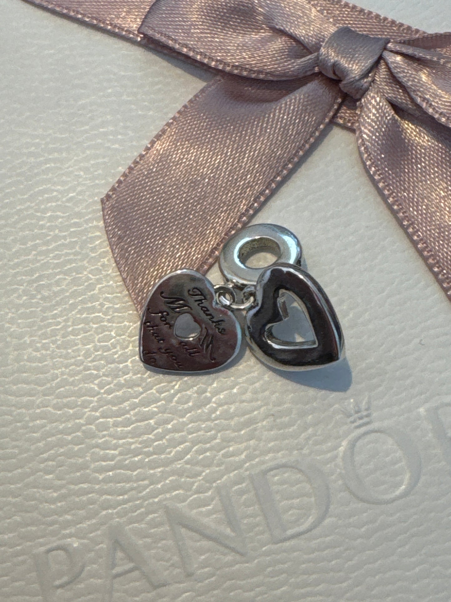 Genuine Pandora Pearlescent White Heart Mum Double Dangle Charm