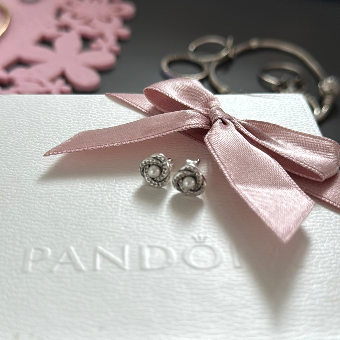 Genuine Pandora Pave Flower Pearl Earrings Studs