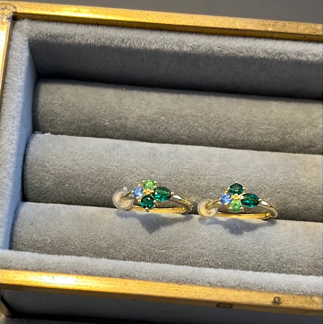 Brand New Gold Plated Green CZ Clover Hoop Earrings