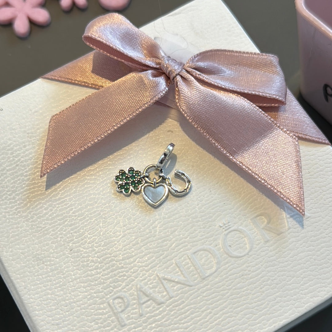 Genuine Pandora Sister Hood Lucky Charm Dangle Pearl Heart, Horseshoe and Clover Dangle Charm
