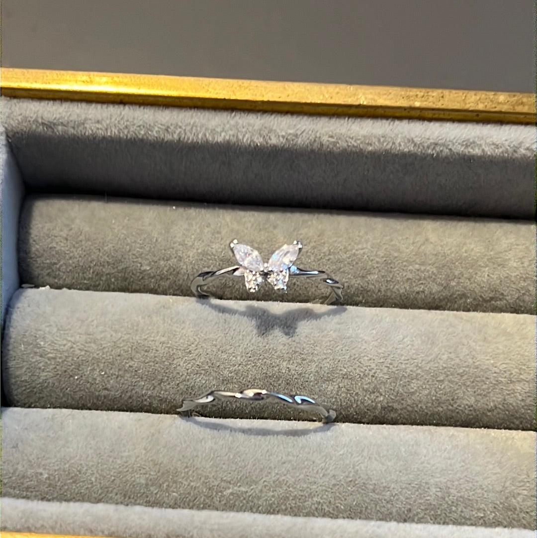 Sterling Silver Brand New Pave Butterfly Ring Set Size 54/58