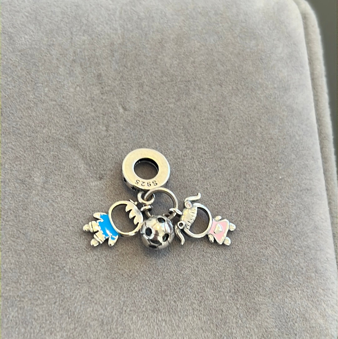 Sterling Silver Enamel Girl and Boy Love Football Dangle Charm