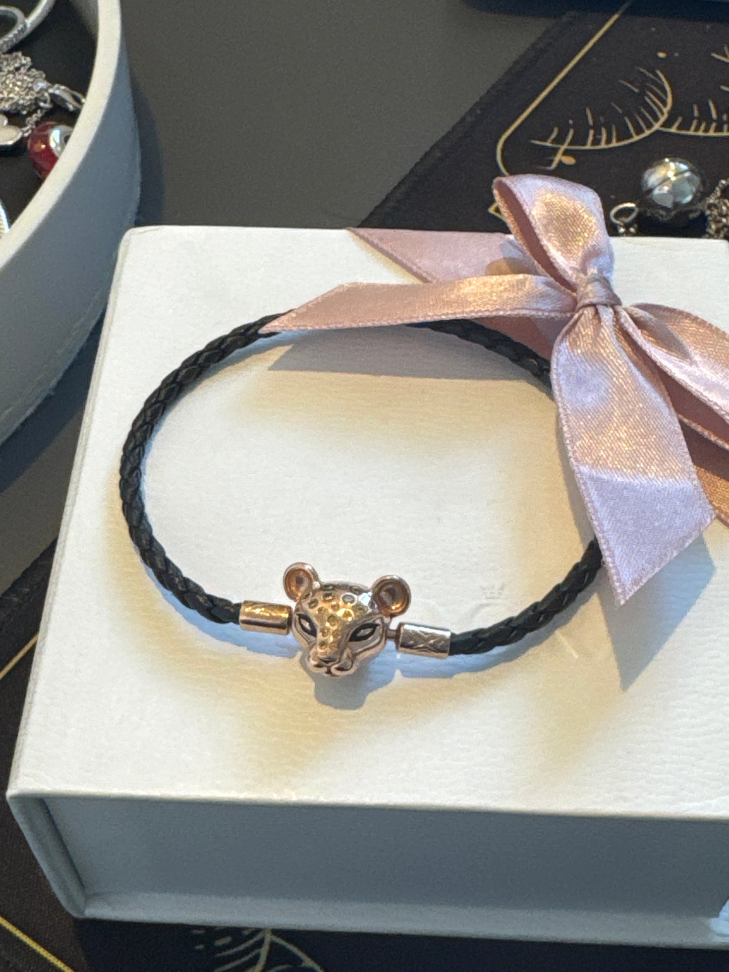 Genuine Pandora Rose Gold Lioness Black Leather Slider Bracelet 19cm