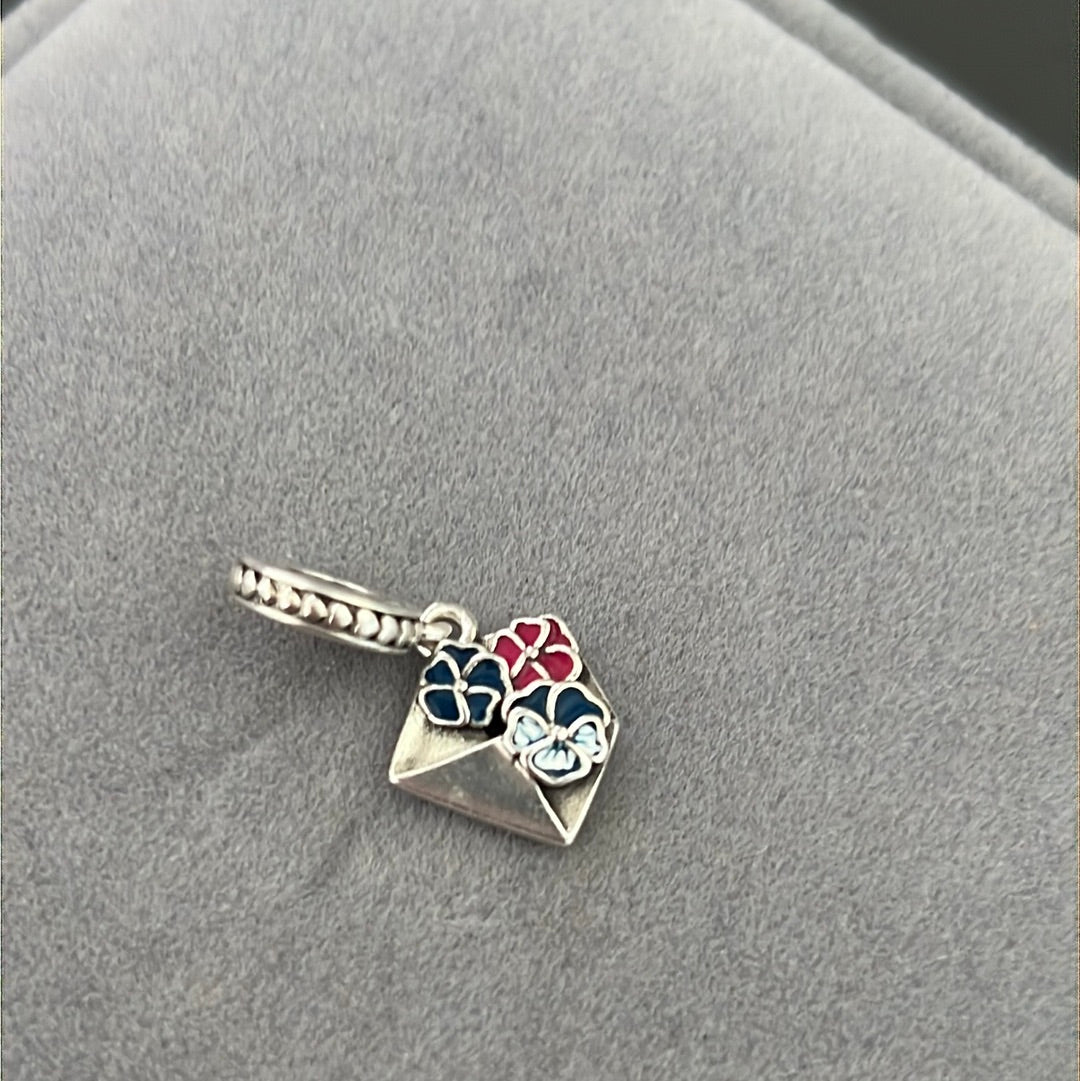 Genuine Pandora Enamel Flower Pansy Envelope Dangle Charm