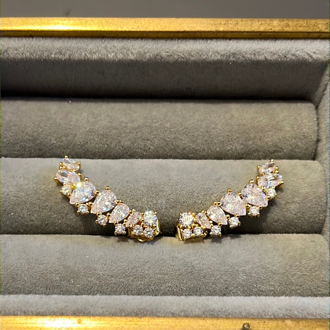 Brand New Sterling Silver Gold Plated Pave Cz Clear Large Creeper Stud Earrings