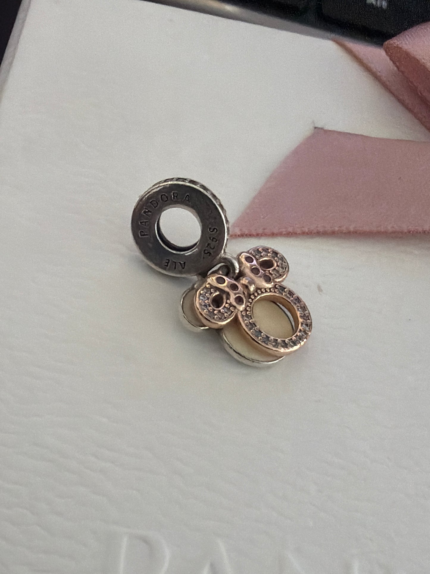 Genuine Pandora Disney Pave Minnie Mouse Mum Rose Gold Enamel Dangle Charm