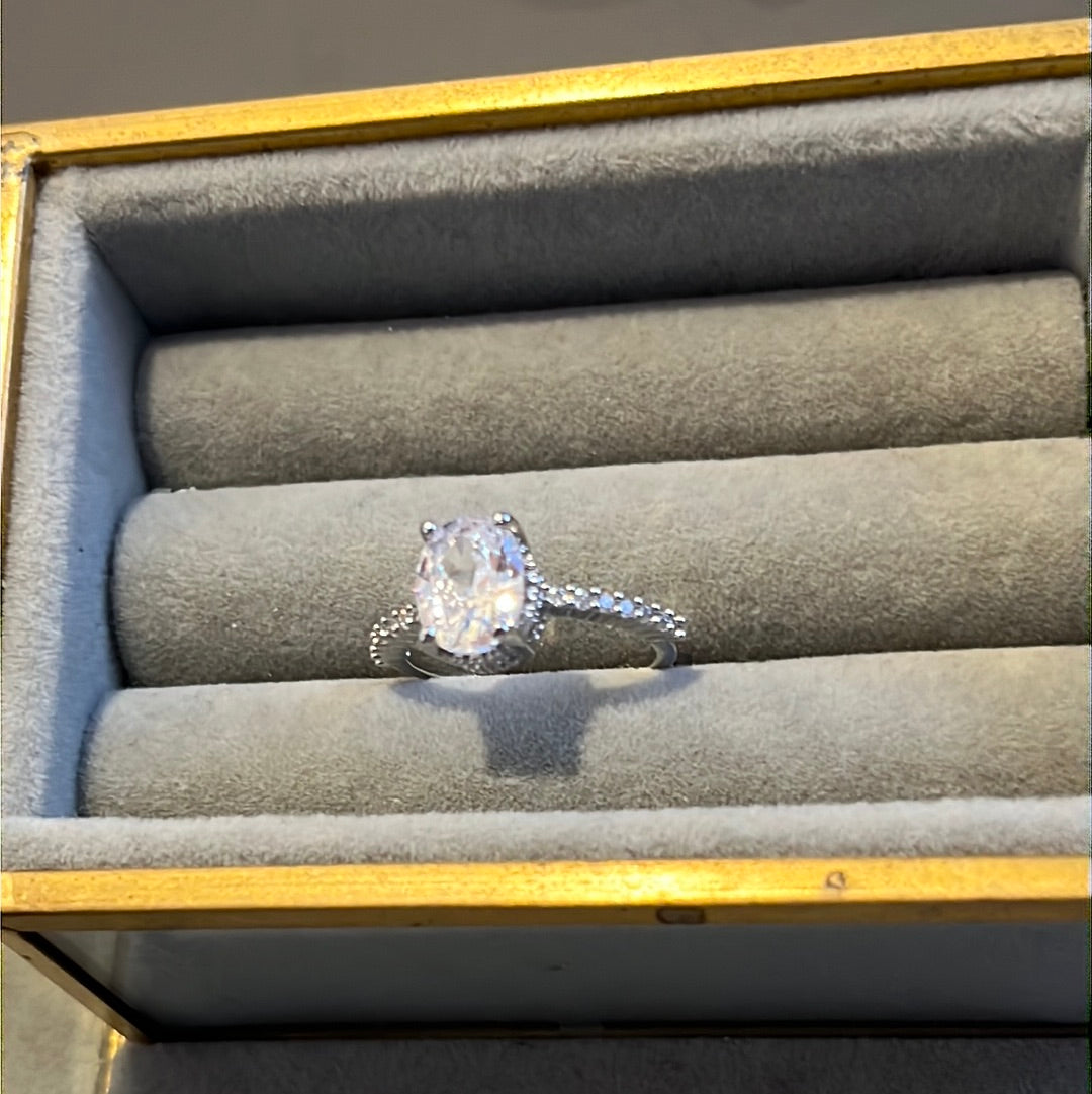 Brand New Silver Plated Pave CZ Oval Stone Ring 58