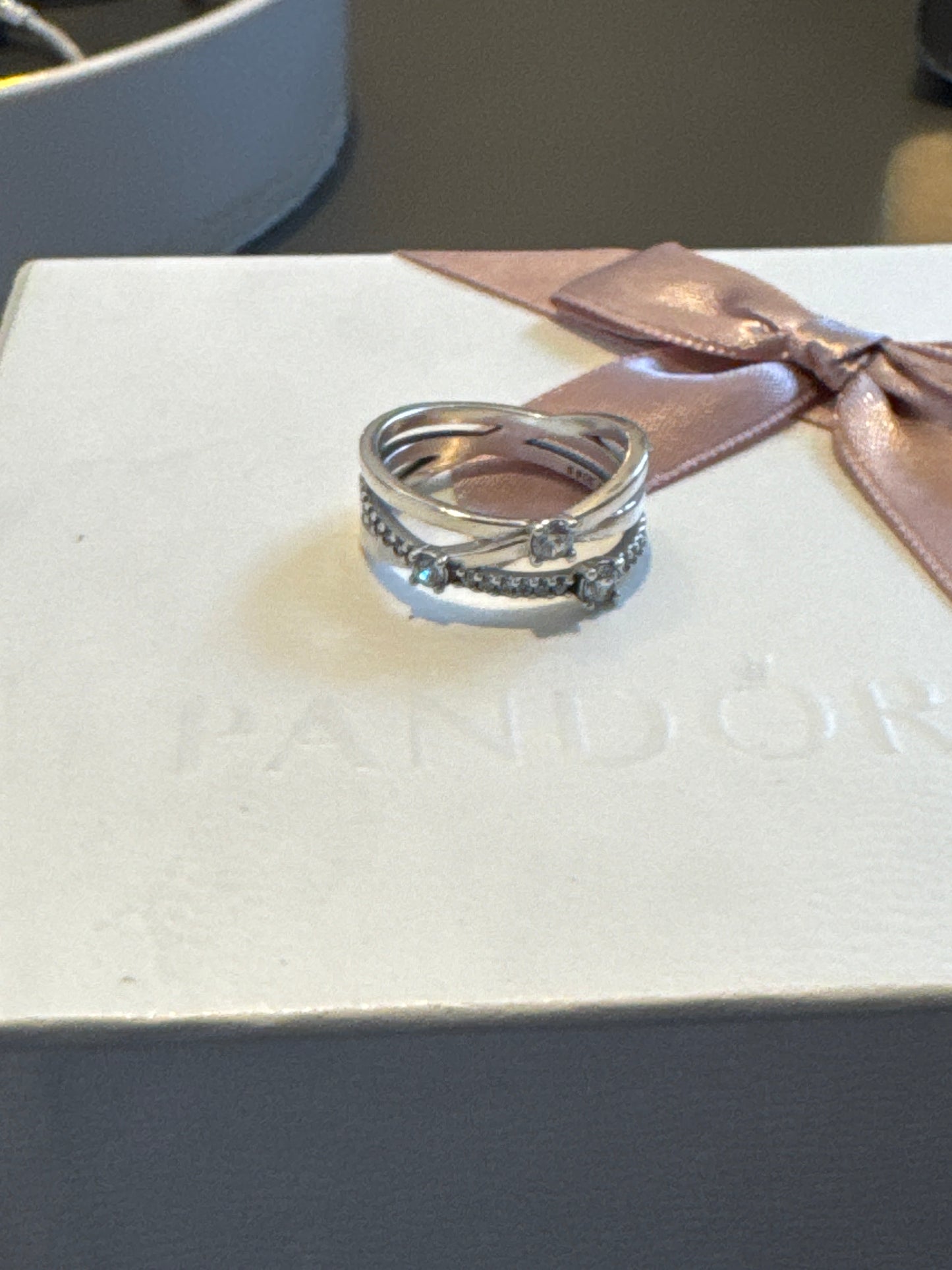 Genuine Pandora Rose Gold / Silver Large Sparkling Crossover Ring Statement Size 56