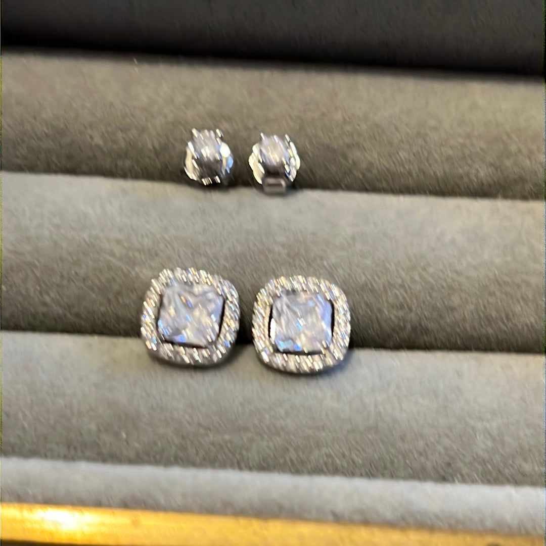 Brand New Sterling Silver Pave Clear Earrings Set CZ Studs
