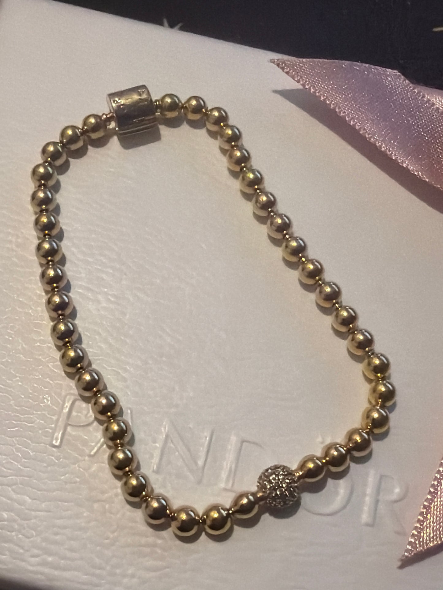 Genuine Pandora Shine Gold Beaded Pave Bracelet 19cm