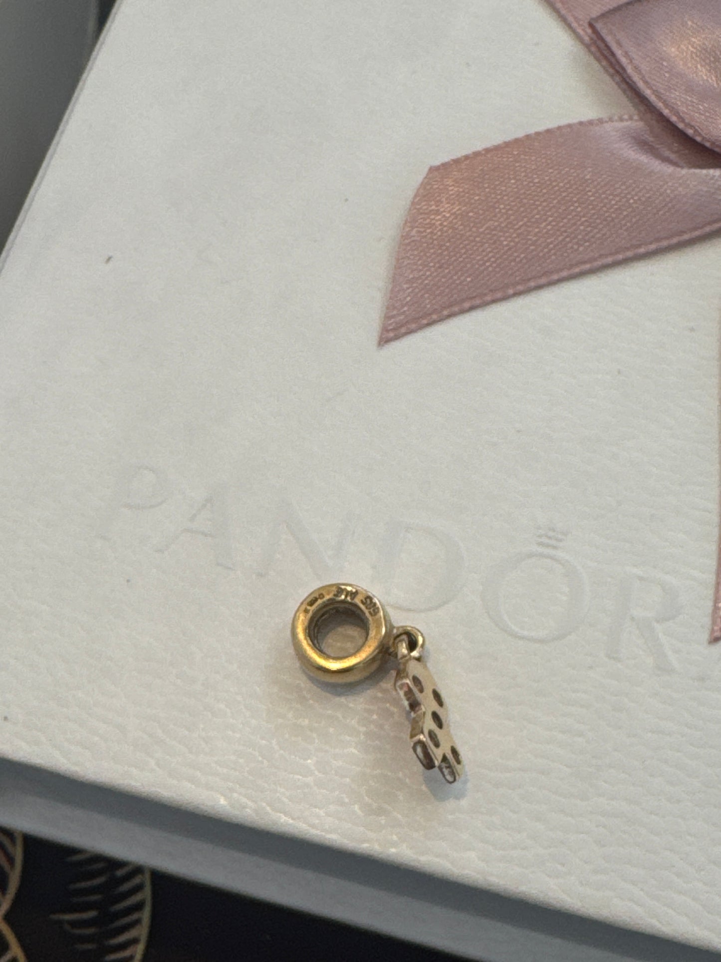 Genuine Pandora 14ct Gold & Pink Sapphire Breast Cancer Ribbon Charm