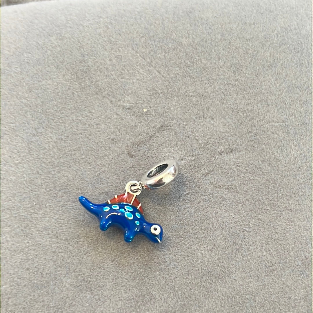 Sterling Silver Enamel Dark Blue Dinosaur Dangle Charm