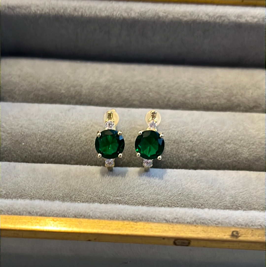 Brand New 14ct Gold Plated Green Circle Stone Sleeper Hoops Earrings