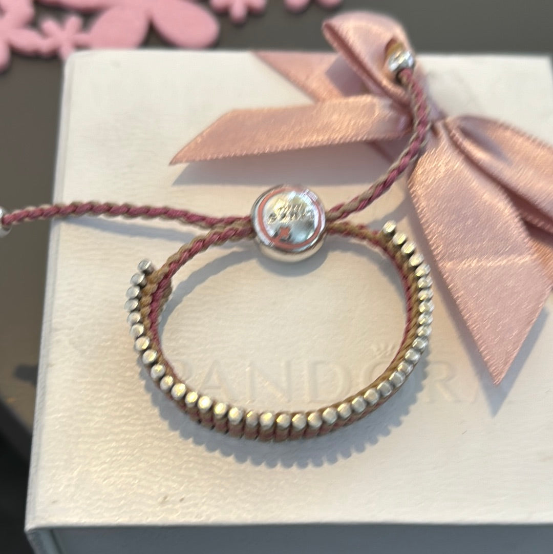 Genuine Links of London Sterling Silver Bracelet Cord Friendship Bar Pink and Cream