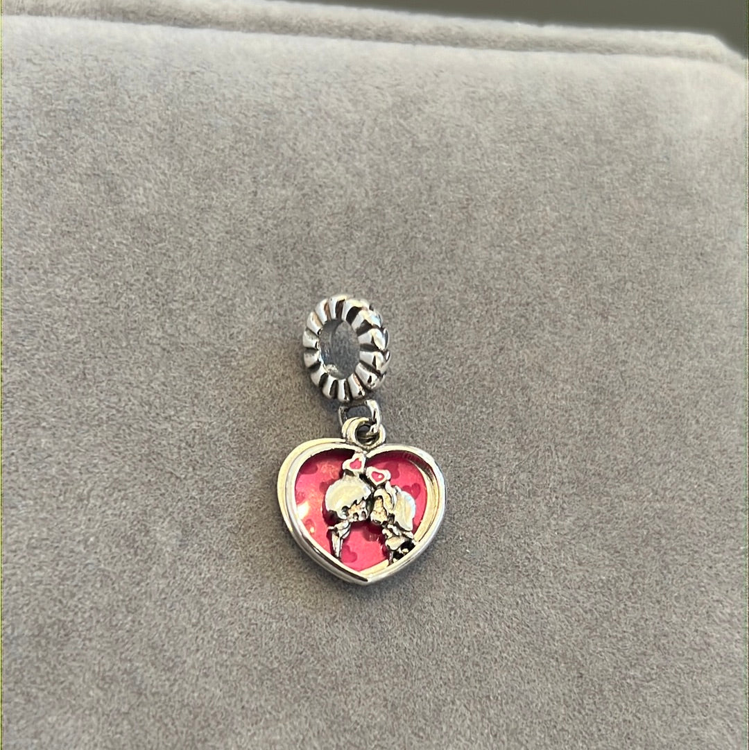Sterling Silver Pink Enamel Heart Boyfriend and Girlfriend Couple Dangle Charm