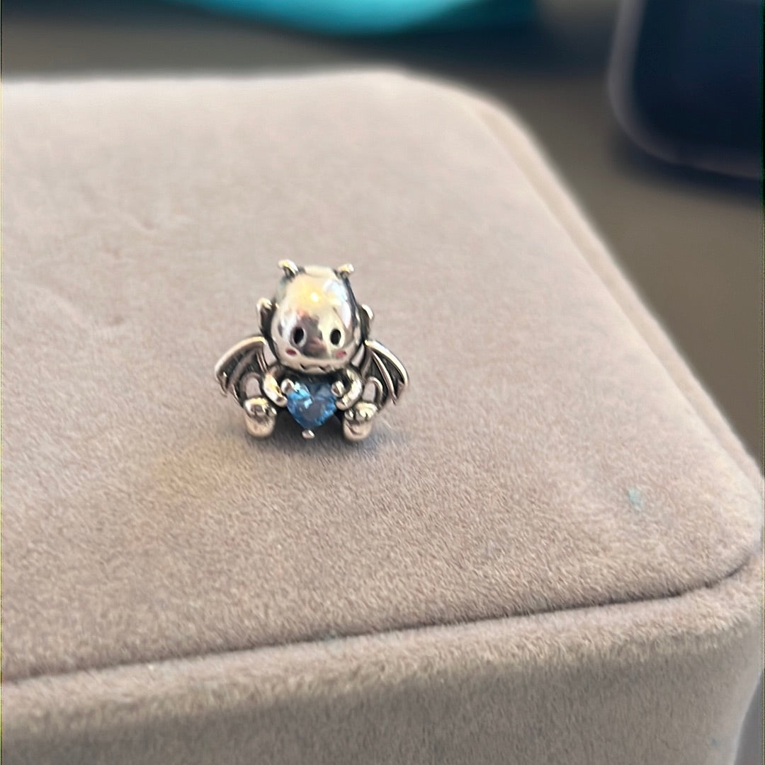 Sterling Silver Baby Dragon/ Bat Charm With Blue CZ Heart