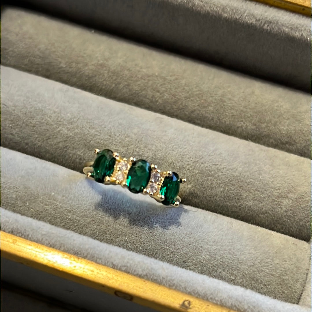 Brand New Gold Plated Pave Dark Green Emerald Oval CZ  Ring 52