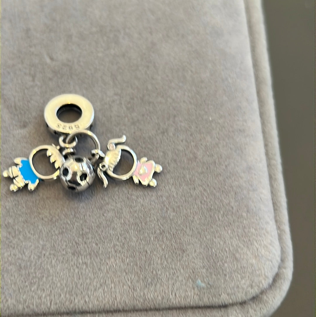 Sterling Silver Enamel Girl and Boy Love Football Dangle Charm