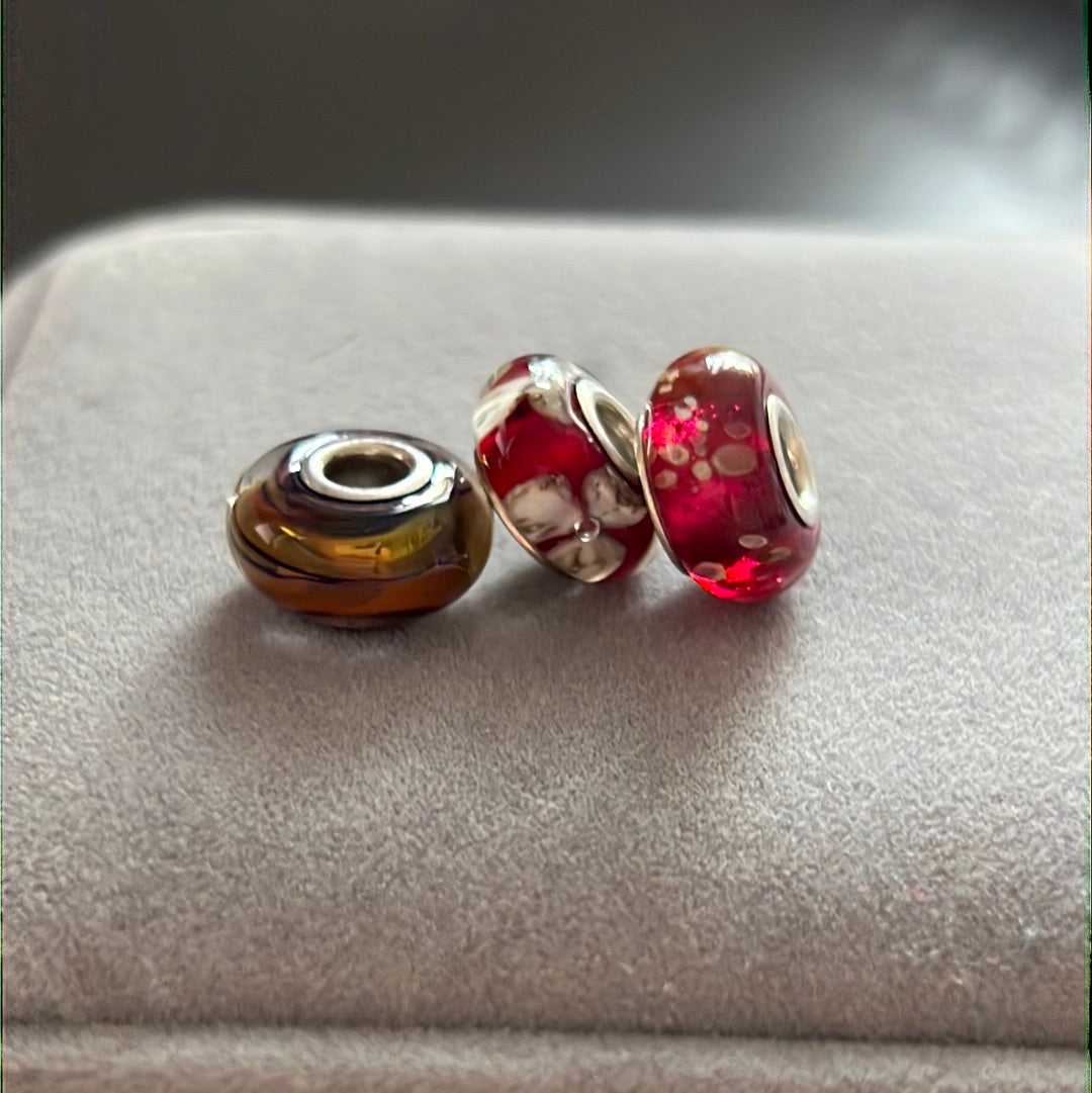 Genuine Chamilia Bundle of Murano Charms x3 Red FLower, Pink, Gold