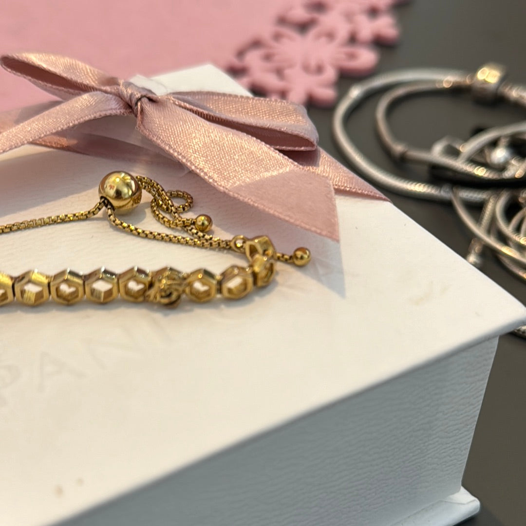 Genuine Pandora Shine Gold Plated Honeycomb Bee Slider Bracelet Adjustable