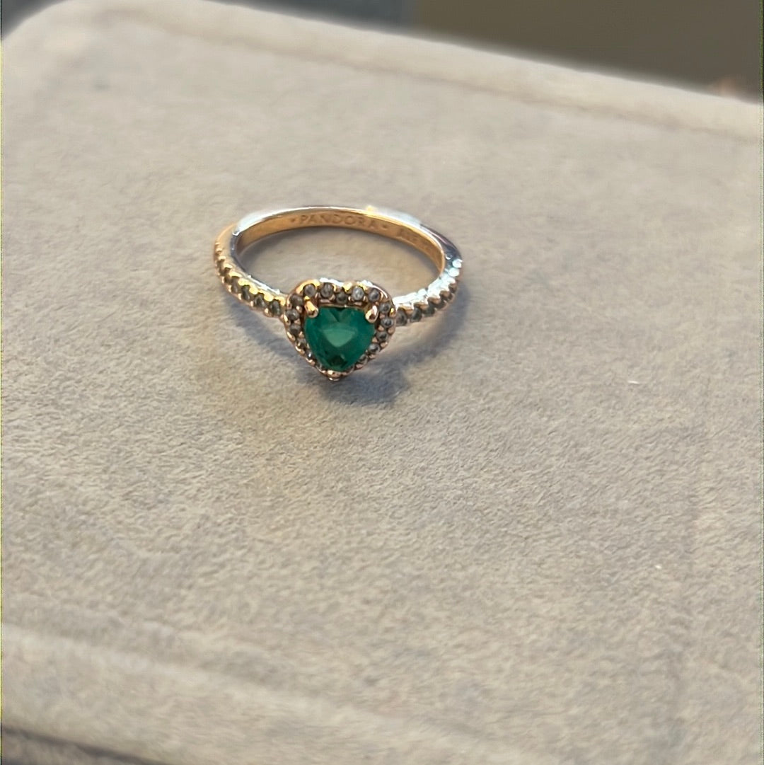 Genuine Pandora Rose Gold Pave Green Stone Heart Ring Beautiful