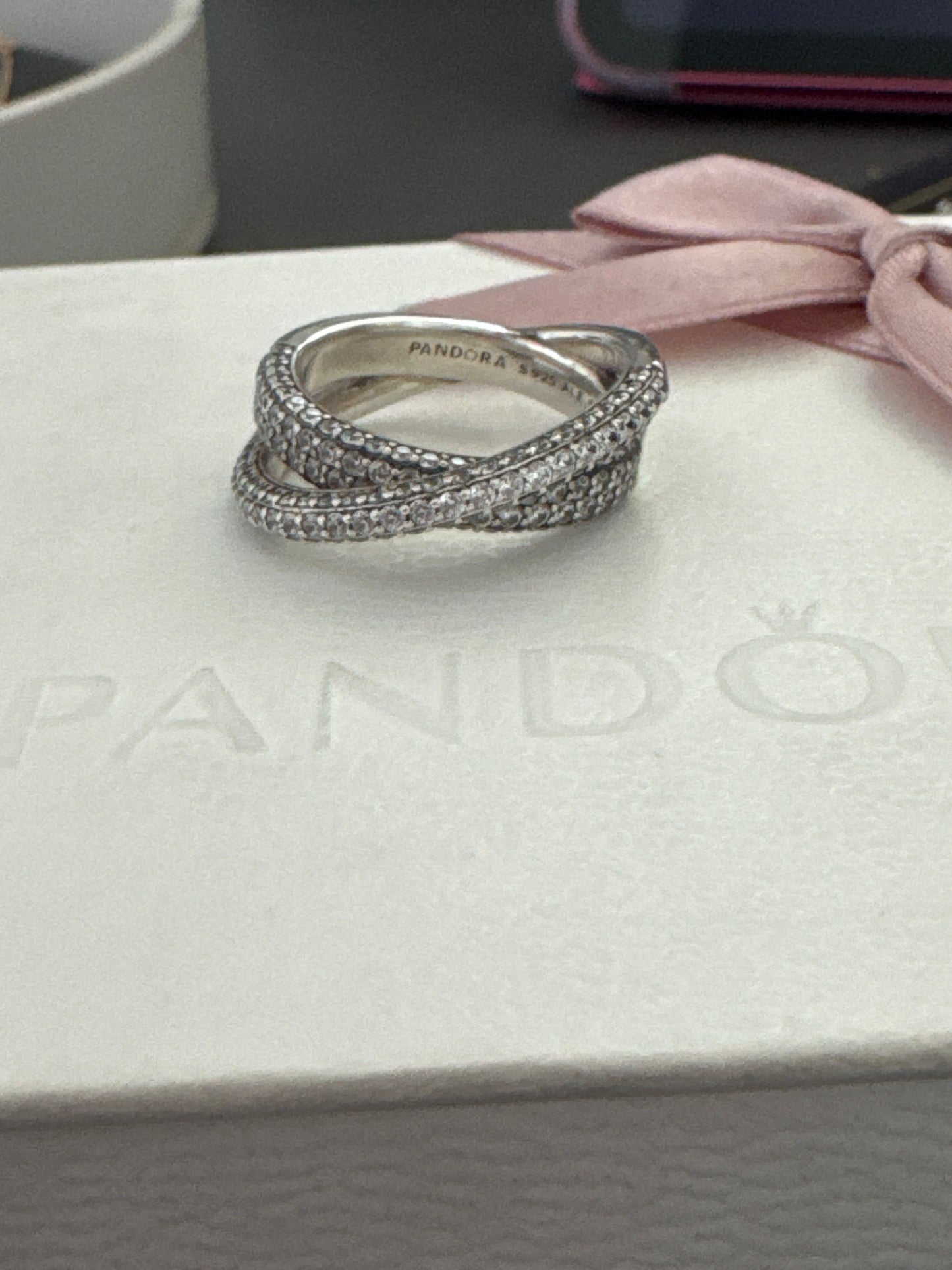 Genuine Pandora Pave Timless Clear Stone Crossover Ring Size 56