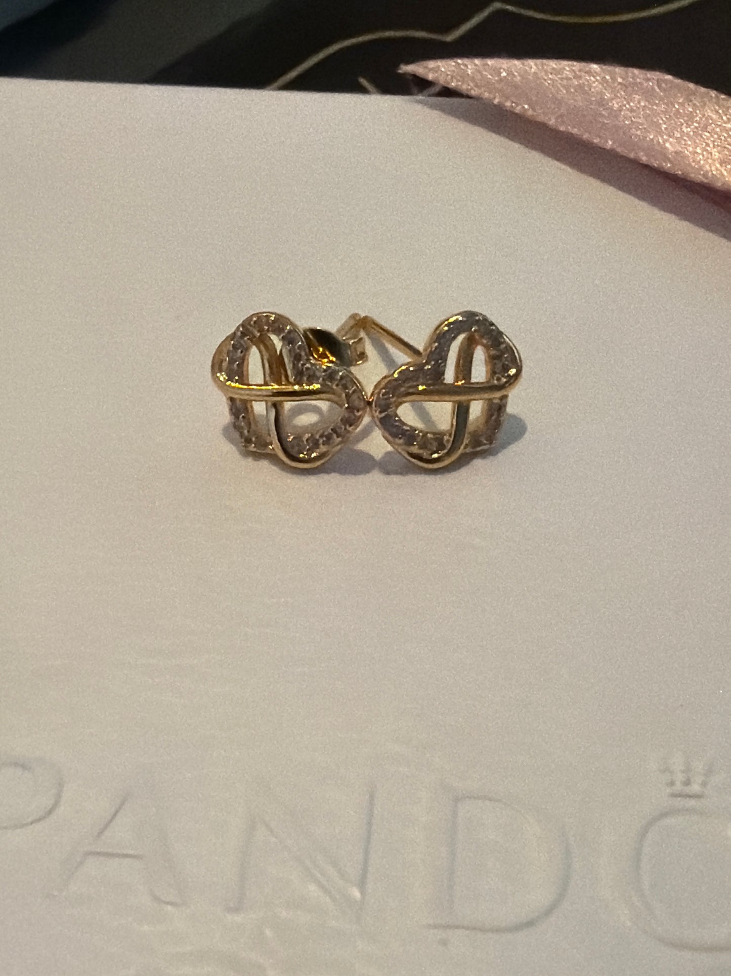 Genuine Pandora Shine Gold Clear Pave Infinity Heart Studs Earrings