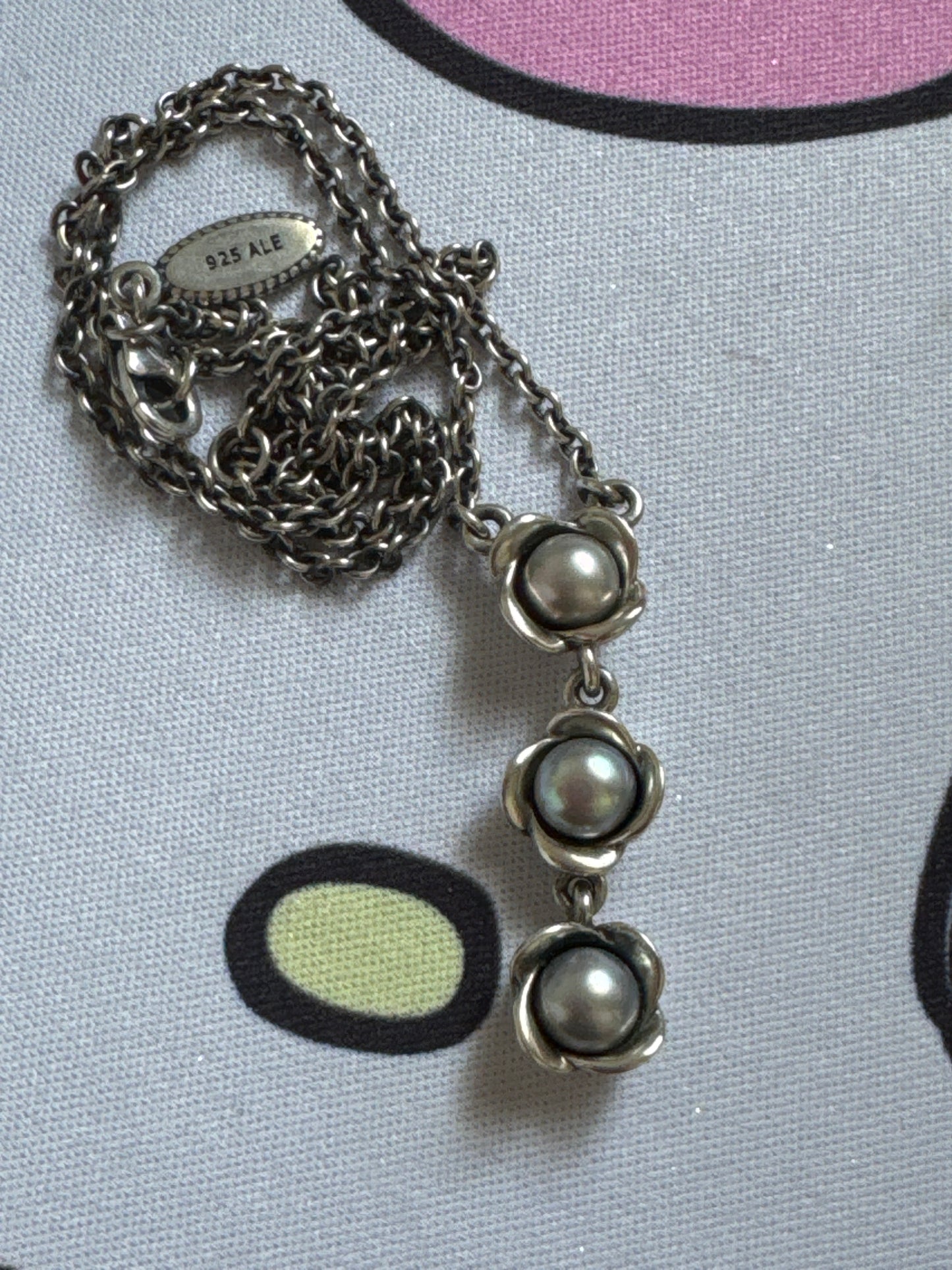 Genuine Pandora RARE Grey Pearl Three Wishes Necklace